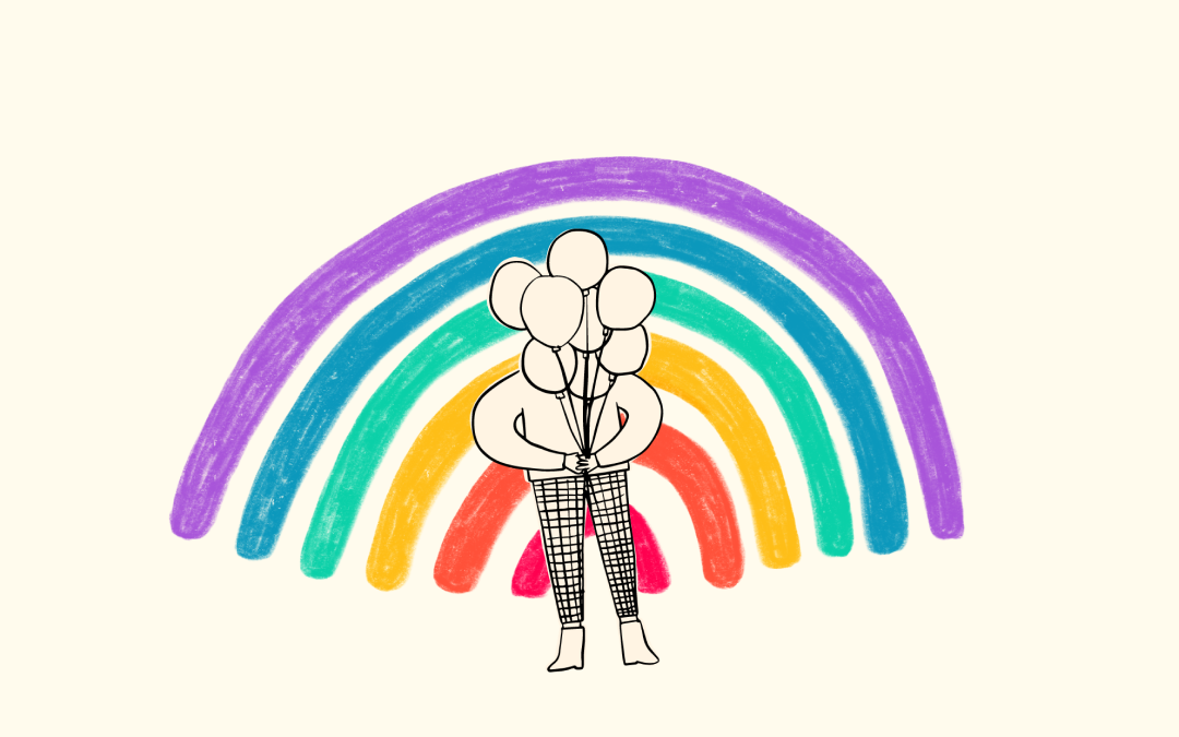 Hebammentag - Fördermitgliedschaft - Regenbogen im Hintergrund - Figur mit Ballons